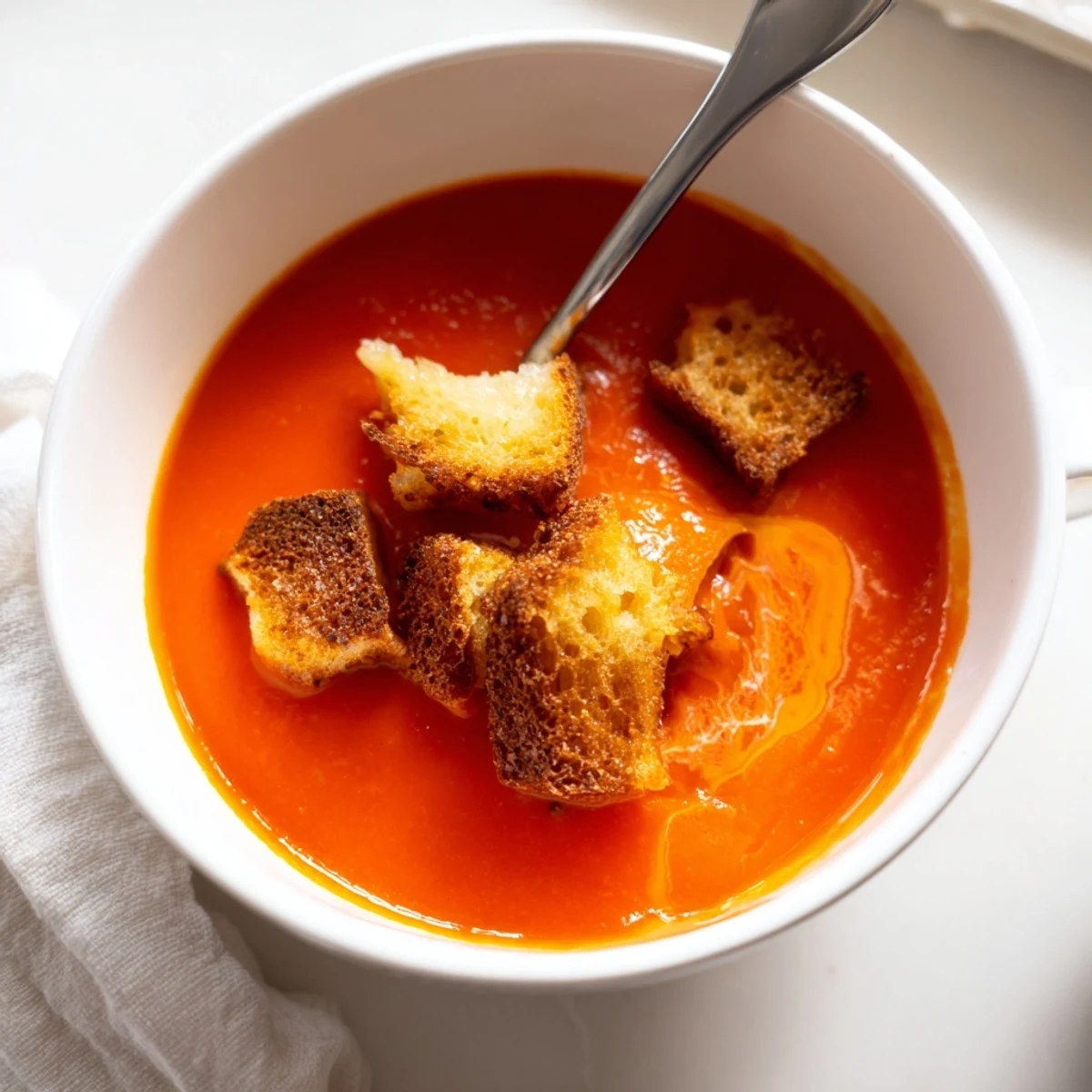 Roasted Tomato Soup with Grilled Cheese Croutons served in a rustic ceramic bowl, garnished with a drizzle of cream for a comforting meal.