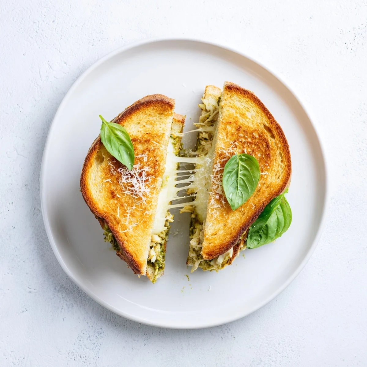 Saftige Mozzarella Pesto Chicken Grilled Cheese mit goldenem Brot und cremigem Pesto-Füllung.