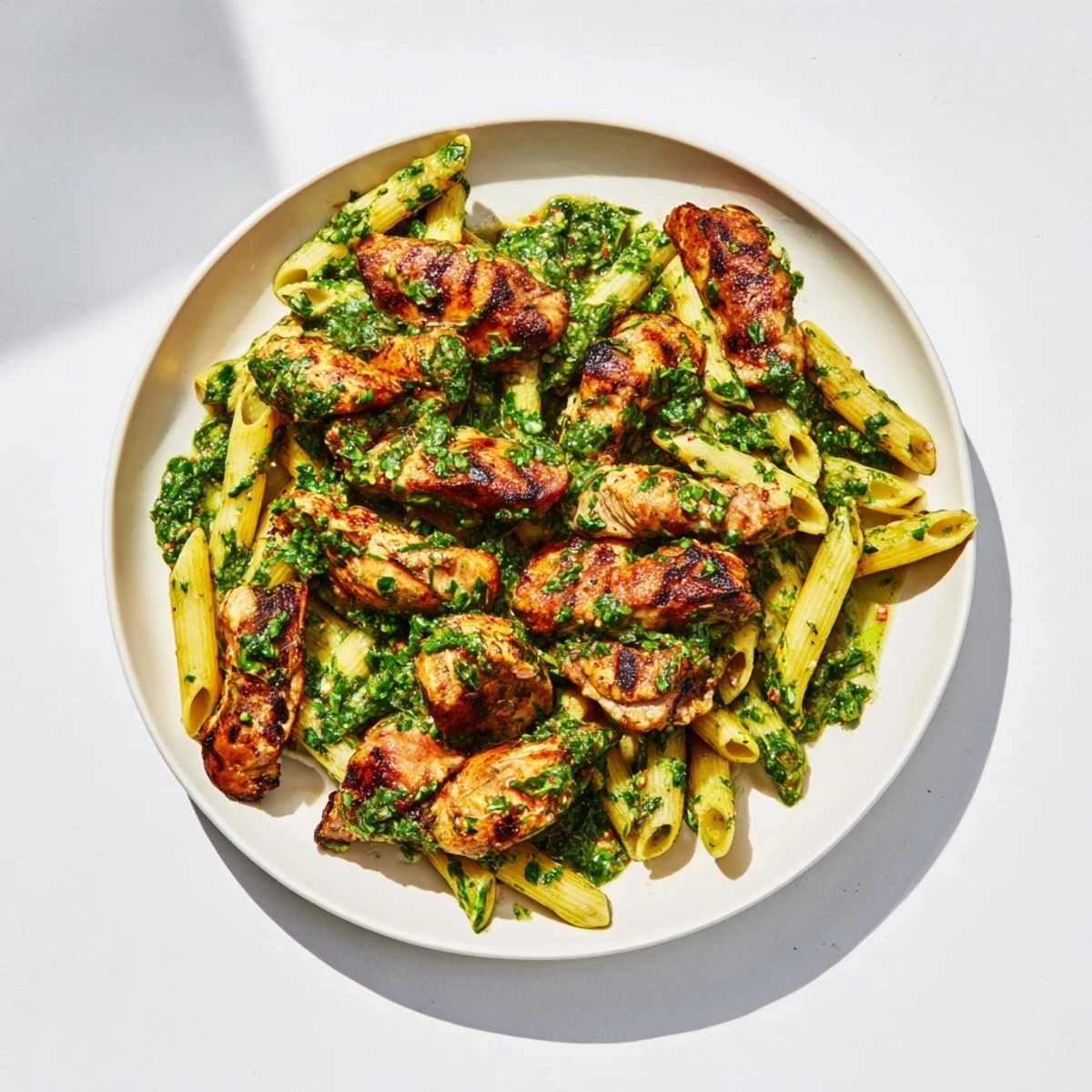 Pasta mit mariniertem Hühnchen, knusprigen Grillspuren und frischem oreganohaltigem Chimichurri auf dem Teller, begleitet von knallroten Paprikastreifen und einem Glas rotem Wein.  