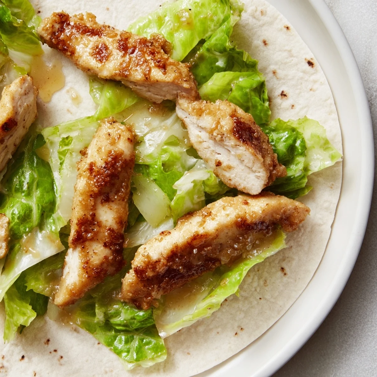 Vier saftige Hähnchen-Wraps mit cremiger Honig-Senf-Soße, rotbraunem Salat und Tomatenscheiben für ein sättigendes und geschmackvolles Hauptgericht.  