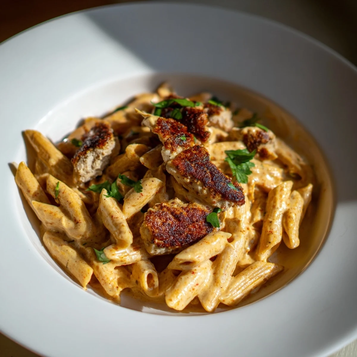 A skillet of creamy Honey Chipotle Chicken Pasta with tender penne and smoky aromas
