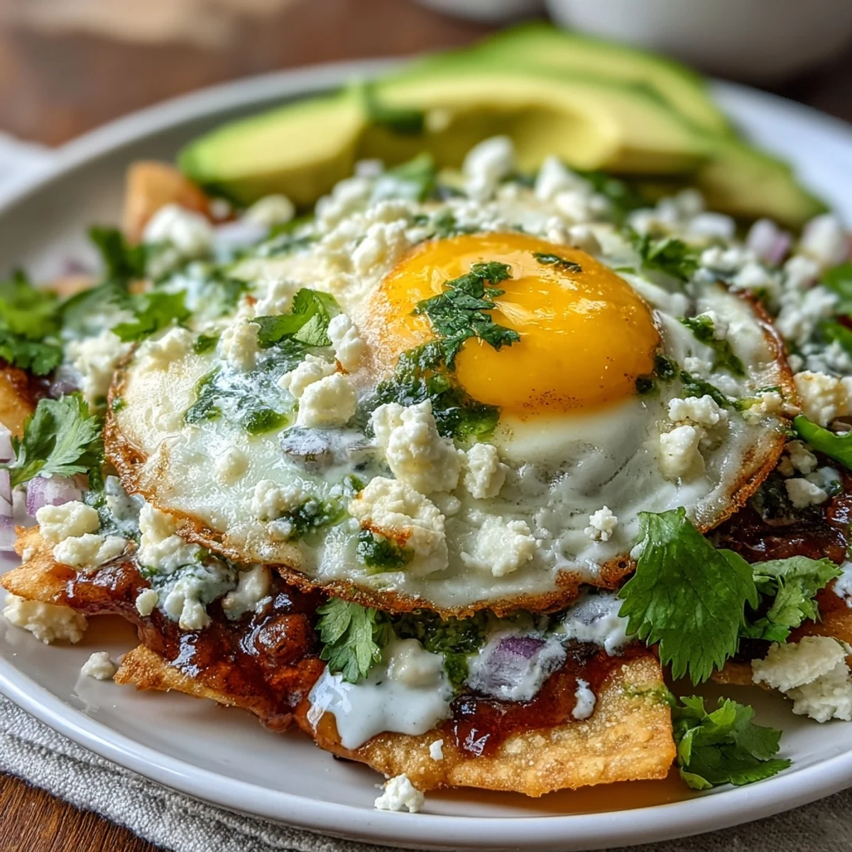 Crispy fried corn tortilla chips tossed in zesty green salsa, topped with a sunny-side-up egg, crumbled queso fresco, and avocado slices.  
