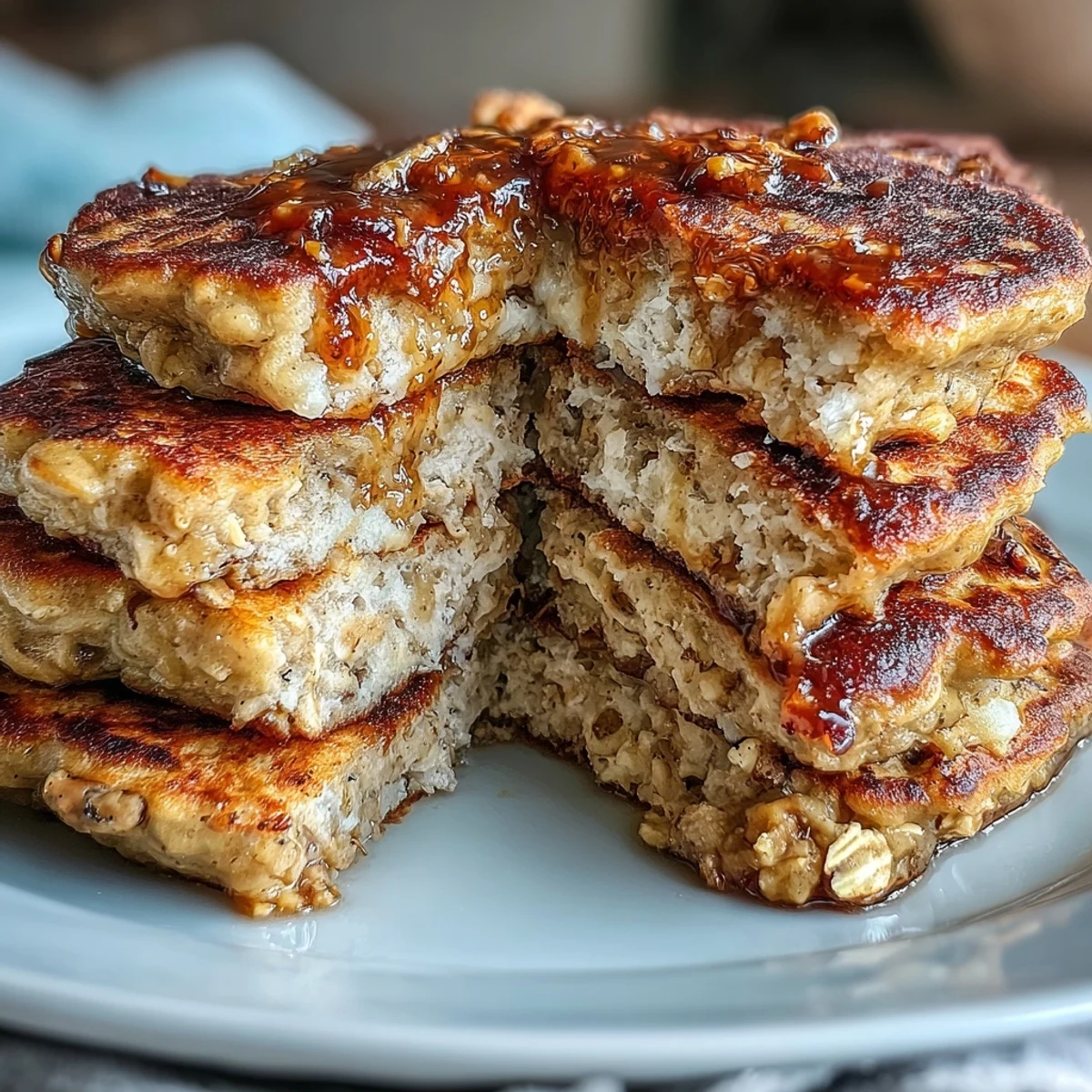 Ripe banana oat pancakes topped with fresh berries, drizzled with maple syrup on a cozy breakfast plate.  