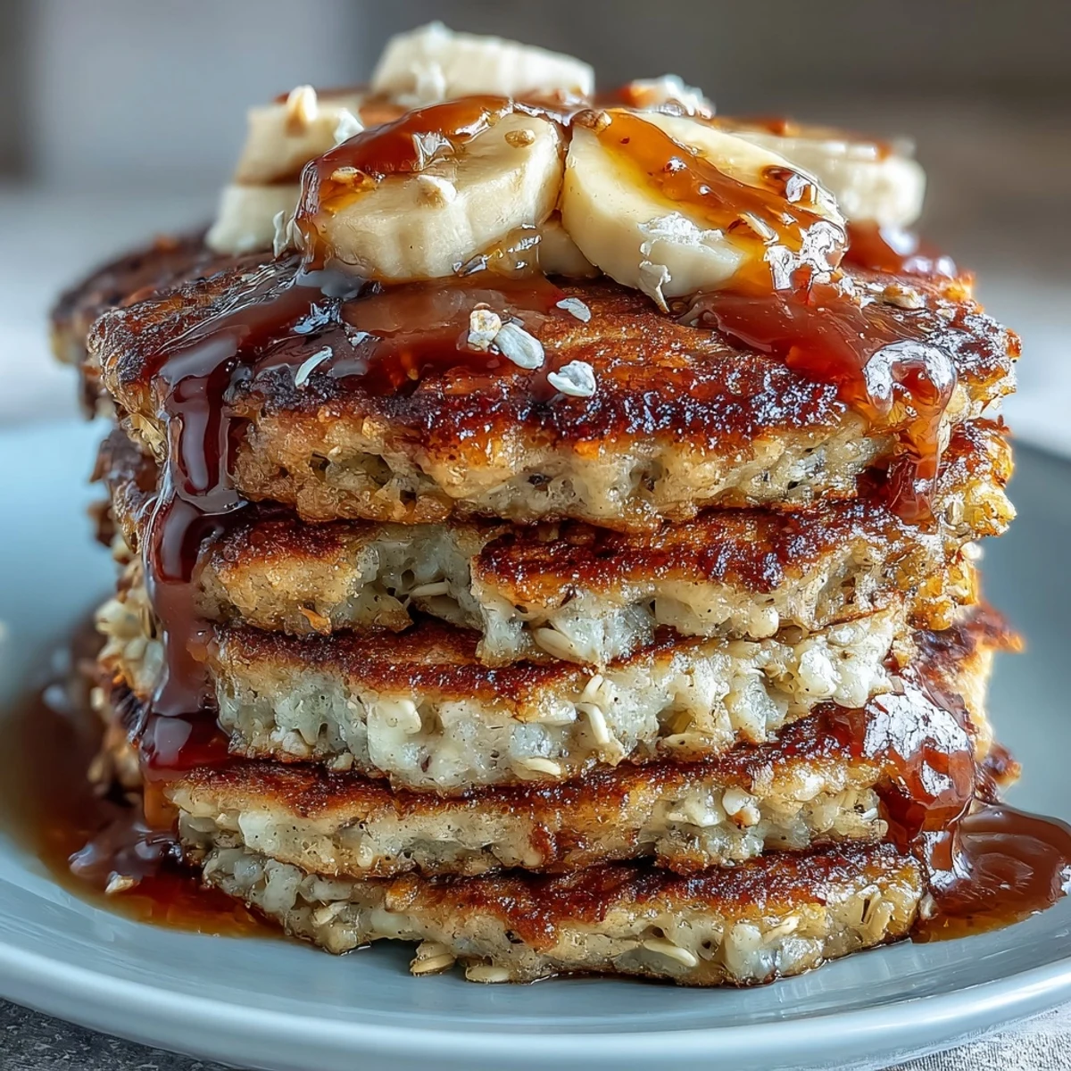 Golden brown banana oat pancakes fresh off the griddle, served warm with a light dusting of cinnamon.