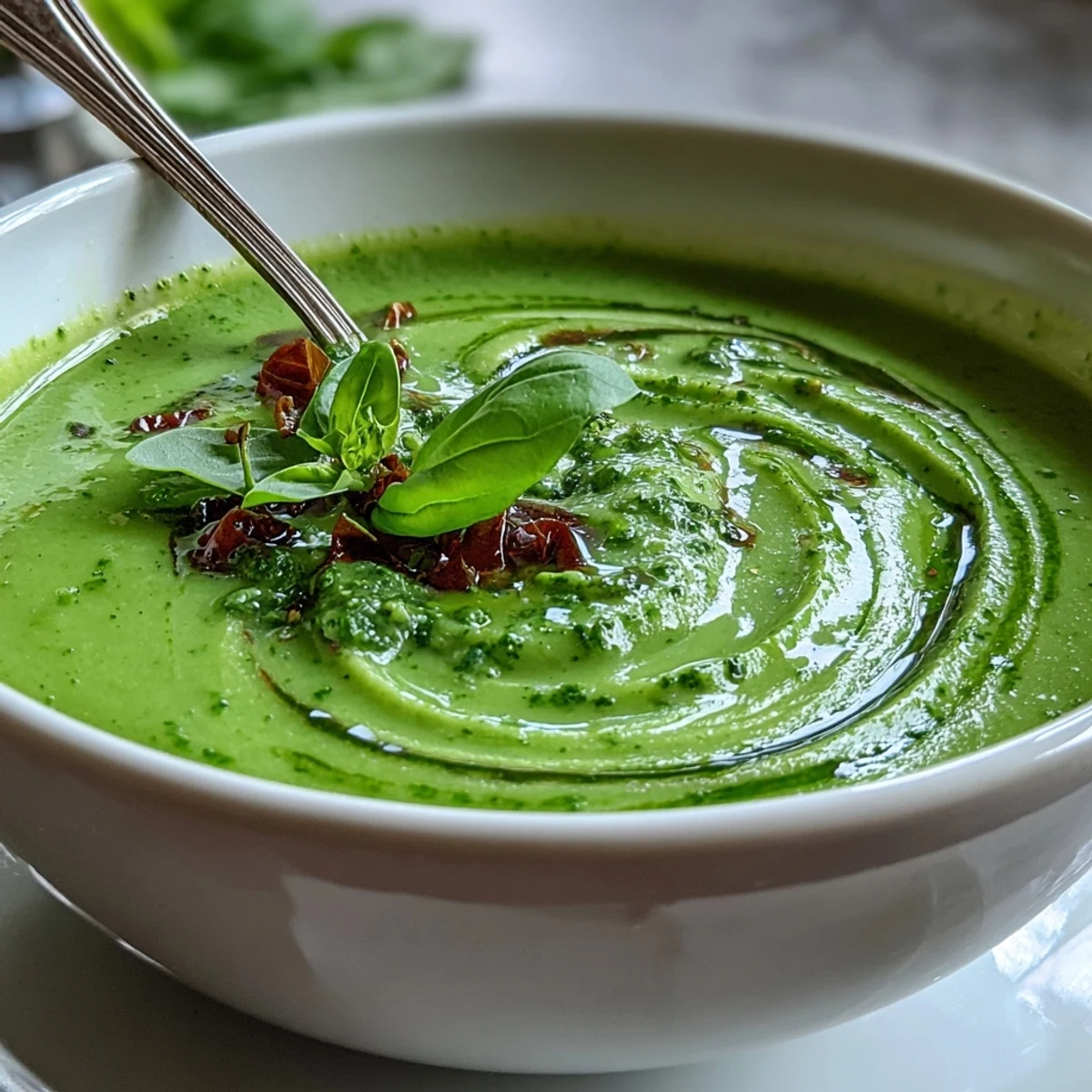 Frühlingshafte Courgette-, Erbsen- und Pesto-Suppe mit aromatischem Pesto-Wirbel und knackigem Brot.