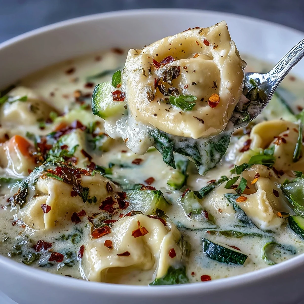 Cremige Gemüse Tortellini Suppe mit frischem Spinat und Parmesan in einer Schüssel