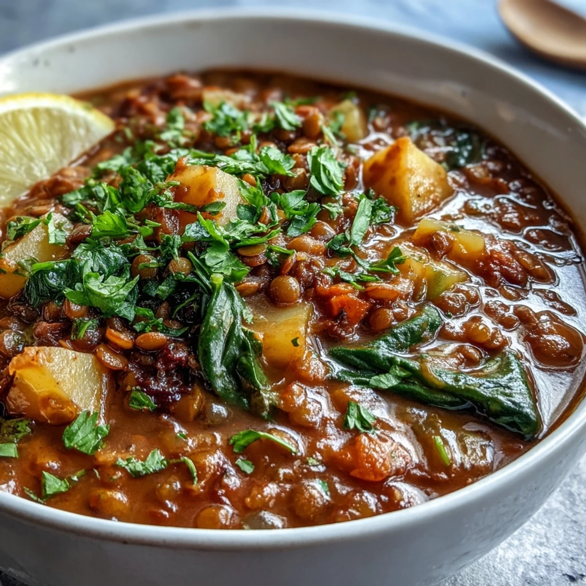 Gewürzte Vegetarian Lentil Stew serviert in einer rustikalen Schüssel mit Petersilie