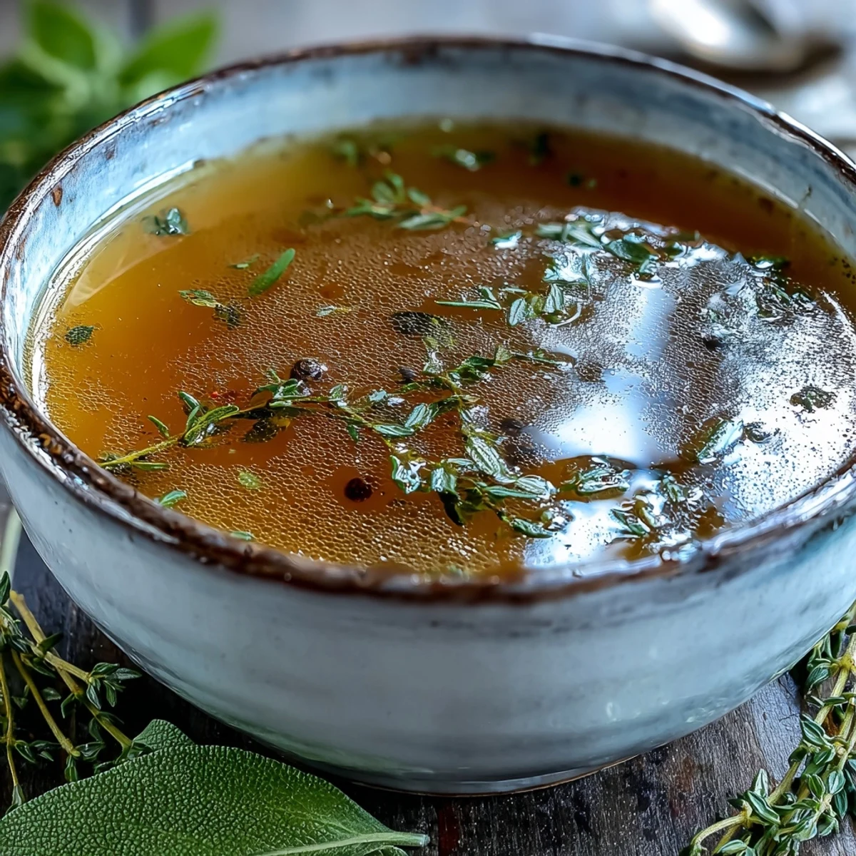 Homemade Vegetable Broth From Scraps simmering in a stockpot, steam rising from aromatic vegetable trimmings and fresh thyme.