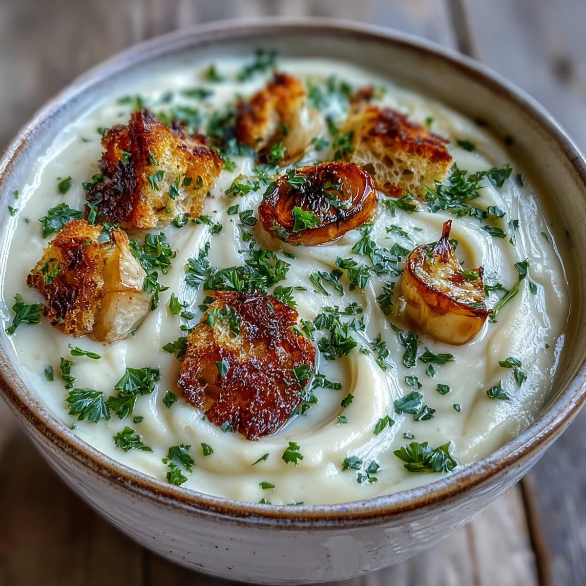 A bowl of velvety Roasted Garlic Soup beside crusty toasted bread.