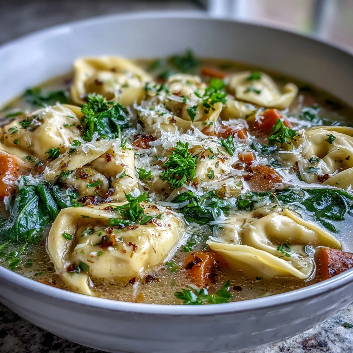 Easy Tortellini Soup with chicken broth steaming in a bowl, topped with Parmesan and parsley.