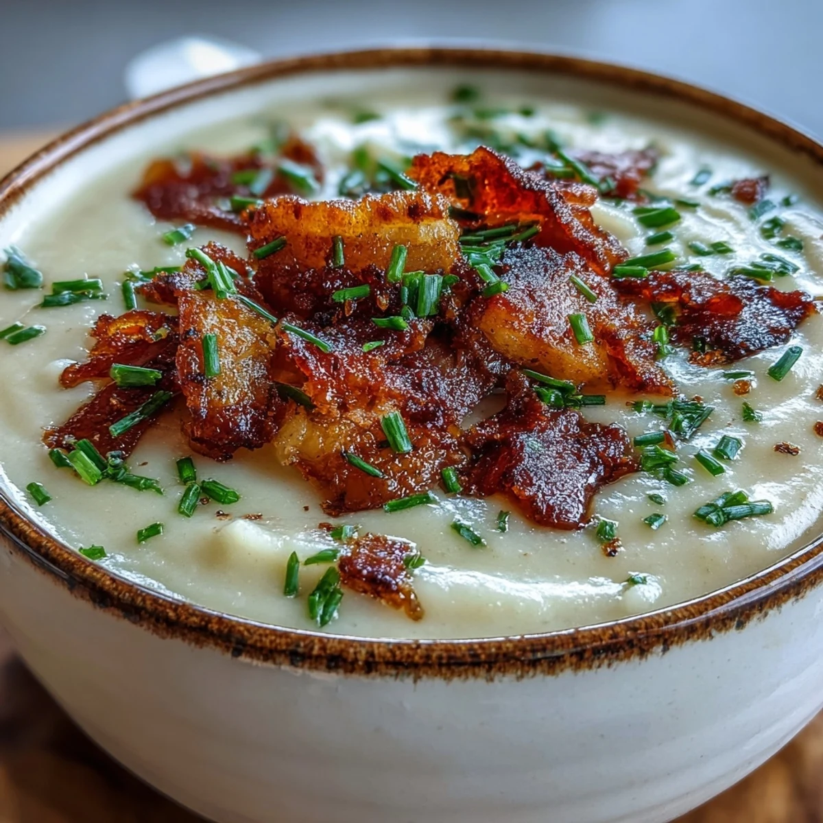 Cremige Celeriac Soup mit knusprigem Bacon, angerichtet in einer Schüssel mit frischen Kräutern.