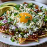 Hearty Chilaquiles breakfast served on a plate with creamy sour cream drizzle, fresh cilantro, and colorful red onion garnish.  