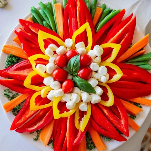 Festive Poinsettia Platter: A vibrant, artful appetizer platter featuring fresh vegetables, cheeses, and dips.