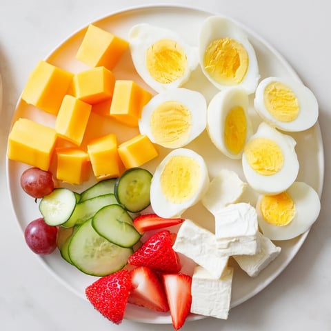 A colorful Easter Egg-cellent Brunch Board overflowing with fresh fruits, cheeses, and delicious dips.