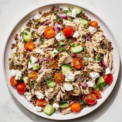 Chicken and Lentil Recession Salad, a vibrant mix of chicken and fresh summer vegetables, ready to serve.