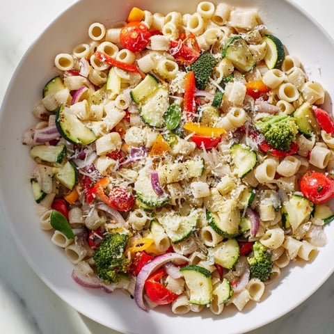 Tender ditalini pasta with air-fried vegetables, glistening with olive oil and Parmesan cheese.