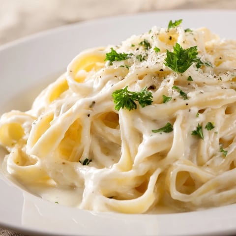 Cottage cheese Alfredo pasta, creamy and rich, tossed with parsley and Parmesan for serving.