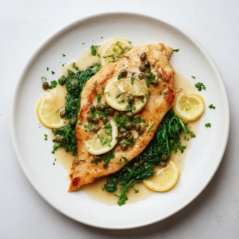 Garlic Spinach Lemon Butter Chicken mit goldbraunen Hähnchenschnitzeln und zerlassener Butter-Zitronen-Sauce.
