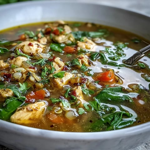 Goldenes Kurkuma-Hähnchen mit Perlgraupen in einer warmen Suppenschüssel garniert mit Petersilie, serviert mit knusprigem Brot.