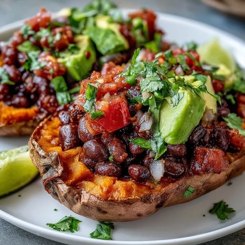 Geröstete Süßkartoffeln mit Chipotle-Bohnen und frischer Tomatensalsa auf einem Teller angerichtet