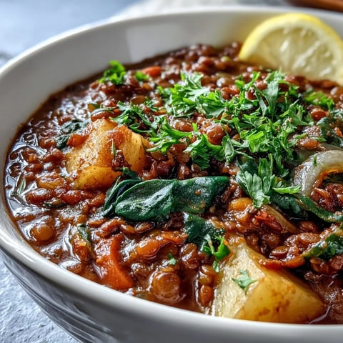 Dampfende Vegetarian Lentil Stew mit bunten Gemüsestücken in einem Topf