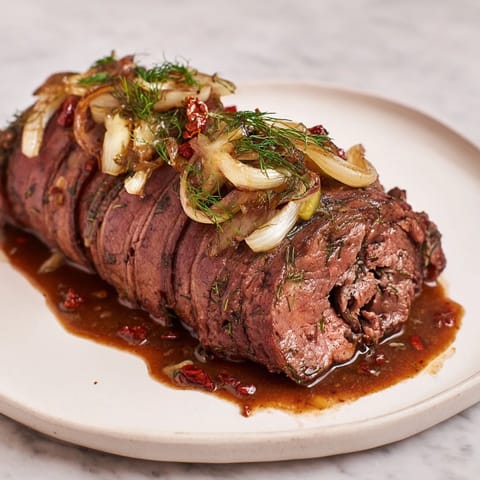 Savory Braised Beef Roulades, showcasing juicy meat, are ready for a satisfying dinner.