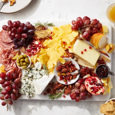 Festive Jingle Bell Cheese Board, showcasing creamy brie, sharp cheddar, and delicious charcuterie, perfect for entertaining.
