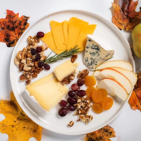Vibrant Autumn Leaf Cheese Platter, showcasing colorful cheeses, crackers, and delicious, fresh fruit.