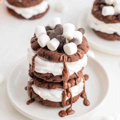 Warm, gooey Hot Cocoa Mug Cookies stacked high, drizzled with chocolate and mini marshmallows.