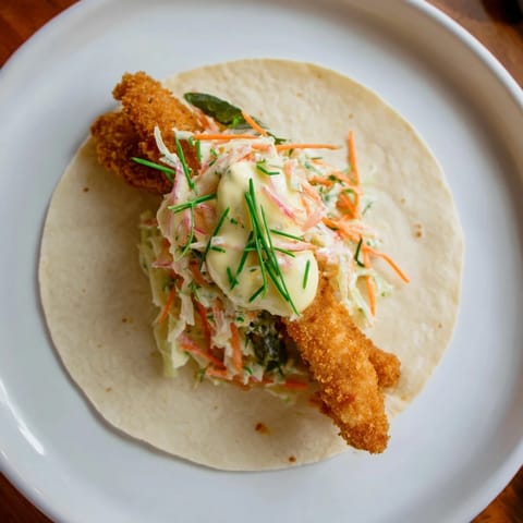 Golden-brown pork schnitzel tacos with creamy slaw offer delicious flavors and textures in every bite.