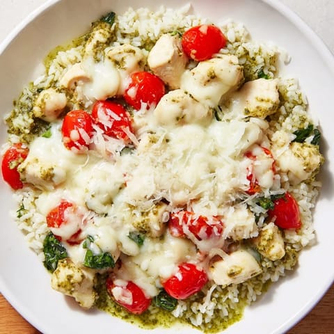 Golden cheesy crust on a Chicken Pesto Rice Bake, loaded with savory chicken and fresh tomatoes.