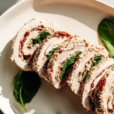 Freshly made: Sun-dried tomato turkey roll-ups with spinach and creamy filling, a delightful appetizer.