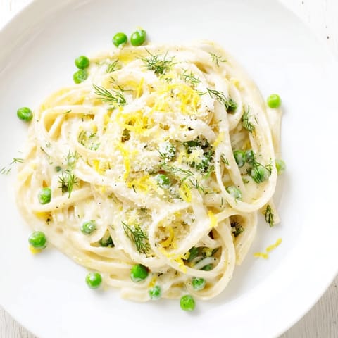 A creamy plate of Creamy Dill Pasta, showcasing the dish's fresh lemon and herbs.
