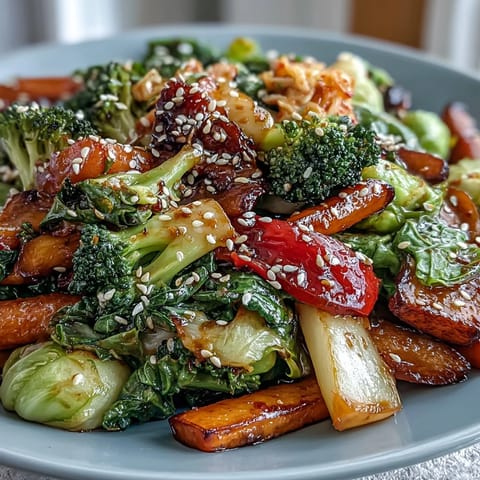 Warme Wintergemüse-Pfanne, leuchtend rot mit Kimchi-Kick serviert.