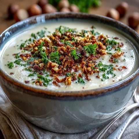 Glatte Celeriac Soup With Hazelnut Crumble im rustikalen Topf, bereit zum Servieren.