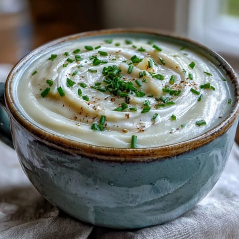 A bowl of Creamy Celery Root Bisque drizzled with cream, paired with crusty bread on a linen tablecloth for a cozy dinner.