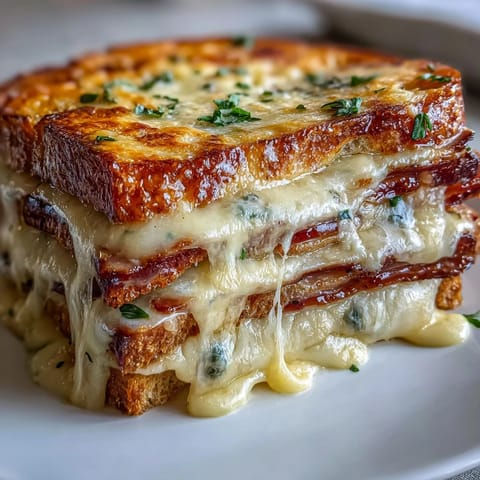 Sliced Croque Monsieur Casserole revealing layers of ham, Gruyère and buttery bread.