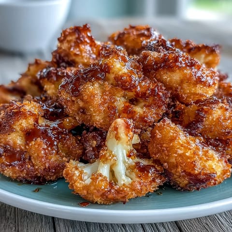 Bite-sized Crunchy Baked Hot Honey Cauliflower tossed in a glossy hot honey glaze, served as a snack.