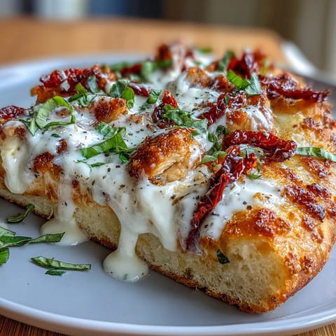 Die perfekte Marry Me Chicken Pizza mit knusprigem Rand und geschmolzenem Mozzarella auf einem Backblech.