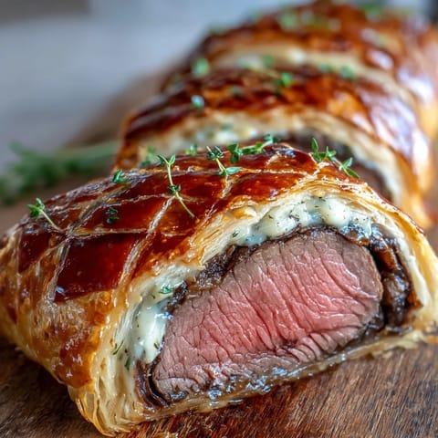 Perfectly seared Beef Wellington wrapped in golden puff pastry, sliced to show juicy, pink beef inside.