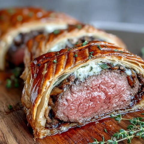 Golden Beef Wellington resting on a rustic cutting board, ready to be served with red wine jus.