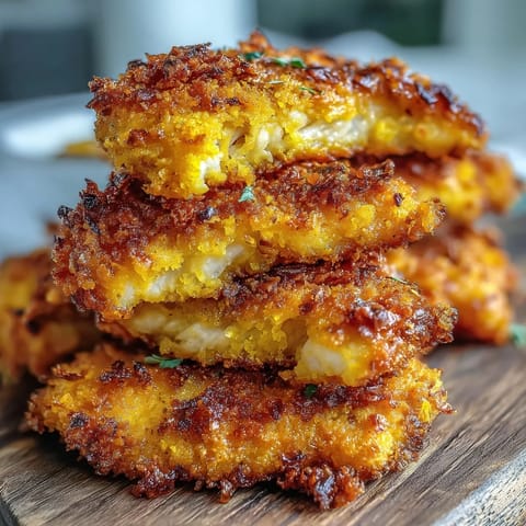 Goldbraune Crispy Turmeric Chicken Tenders mit würziger Kurkuma-Panade, nebendunstigem Dipp und saftigem Inneren für den perfekten Snack.