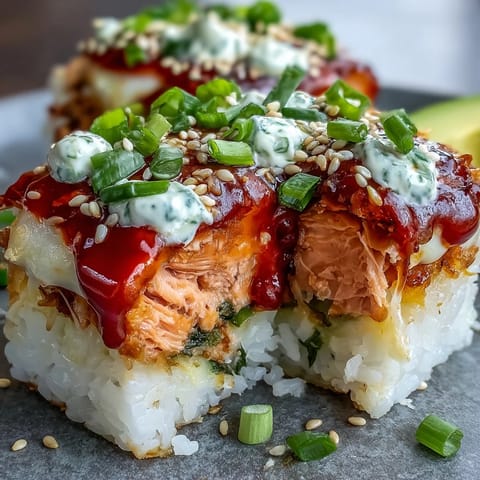 Schichten aus Reis und würziger Lachs-Füllung in einer Auflaufform, serviert mit Avocado.