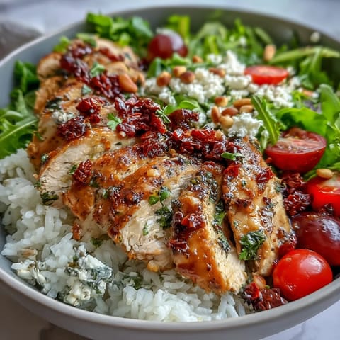 Sonnengetrocknete Tomaten Hühnchen Schüssel mit saftigem Hähnchen, duftendem Reis und frischen Grüngemüsen auf einer bunten Oberfläche.