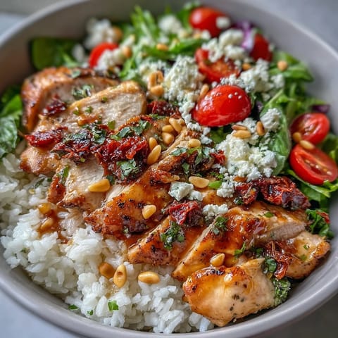 In dieser sonnengetrockneten Tomaten Hühnchen Schüssel liegt knuspriges Hähnchen auf fluffigem Reis, umrahmt von knackigem Grün und Kirschtomaten.