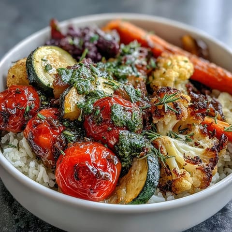 Bunte geröstete Gemüse-Schüssel mit Kräutersauce, eine gesunde Mahlzeit.