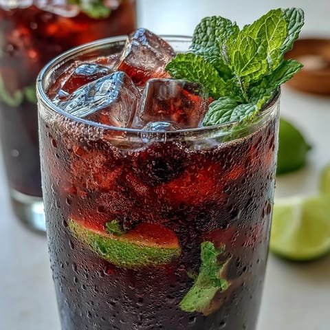 Tangy Blackcurrant Mojito cocktail mit frischer Minze und zitronigem Sirup im Glas.