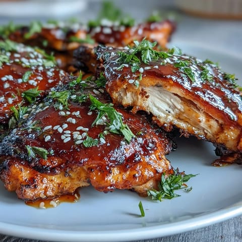 Zarter gebackener Hähnchenschenkel mit goldener Honig-Knoblauch-Glasur, serviert mit frischer Petersilie und Sesam.  