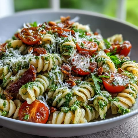 Sommerliches Nudelgericht mit Pesto und Cherrytomaten in einer Schüssel mit frischem Basilikum und Parmesan garniert.