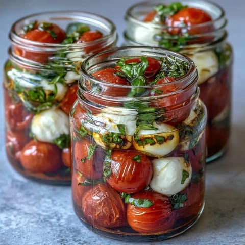 1. Mason Jar Caprese Salad mit frischen Tomaten, Mozzarella und Basilikum in Schichten, perfekt für unterwegs oder Picknicks.  